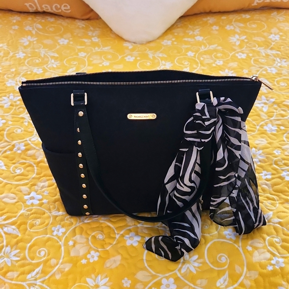 Micheal Kors black with gold n leather trim and scarf handbag